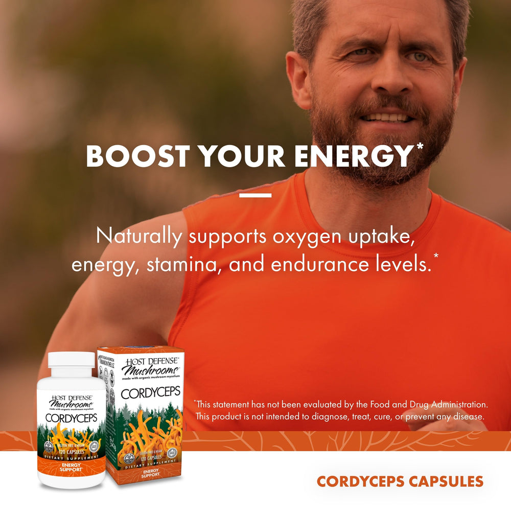 Ingredients panel of Host Defense Cordyceps capsules featuring organic mushroom mycelium and rice substrate.