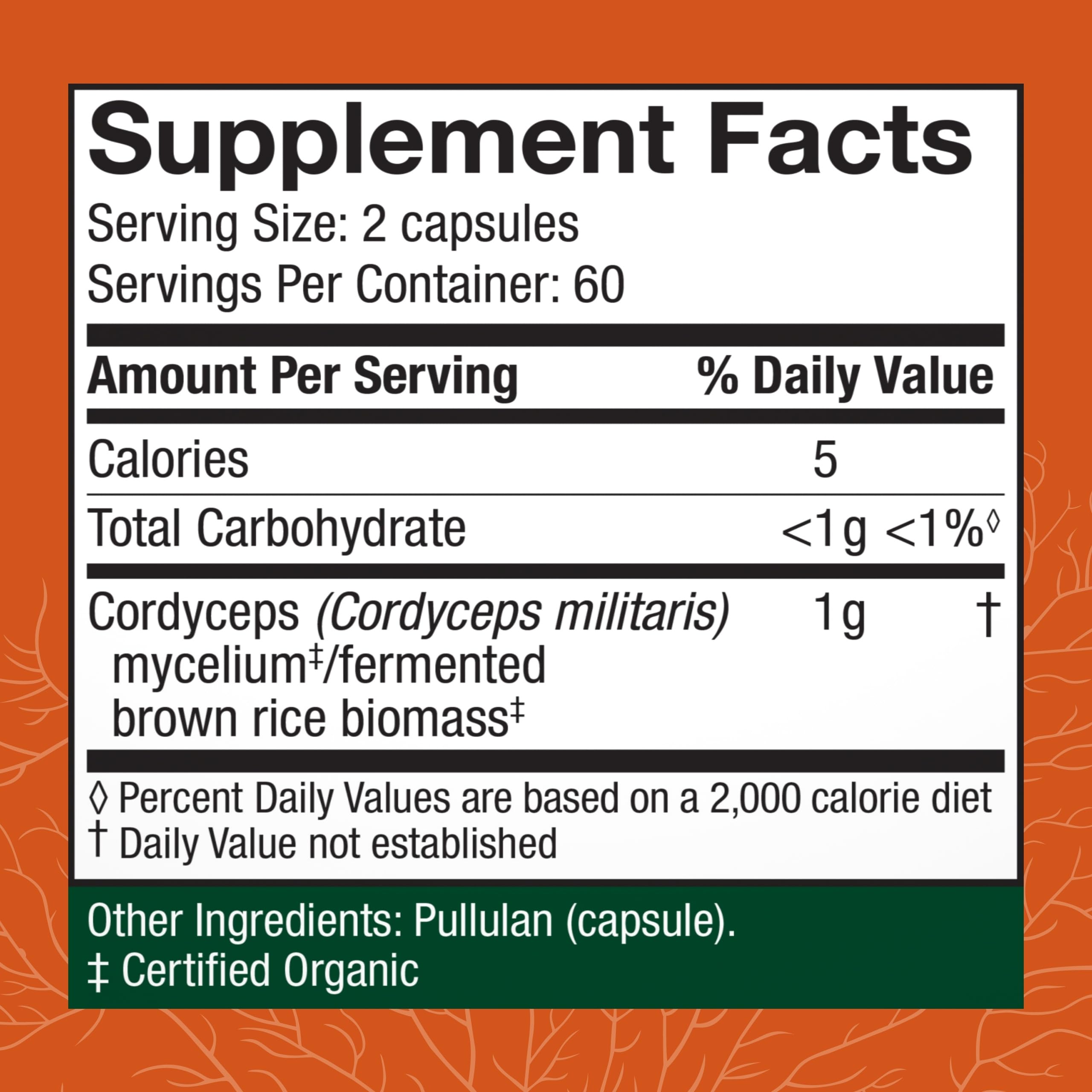 Close-up of Host Defense Cordyceps capsules label highlighting organic ingredients.