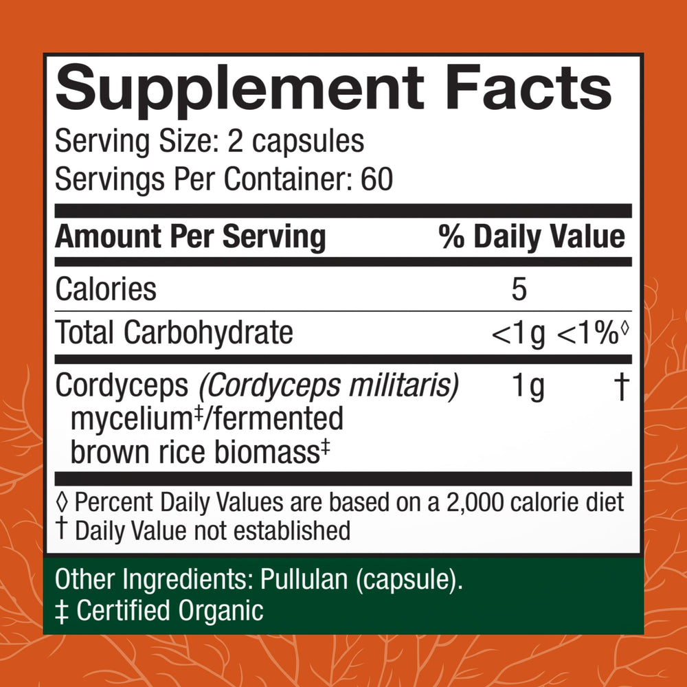 Close-up of Host Defense Cordyceps capsules label highlighting organic ingredients.