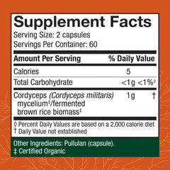 Close-up of Host Defense Cordyceps capsules label highlighting organic ingredients.