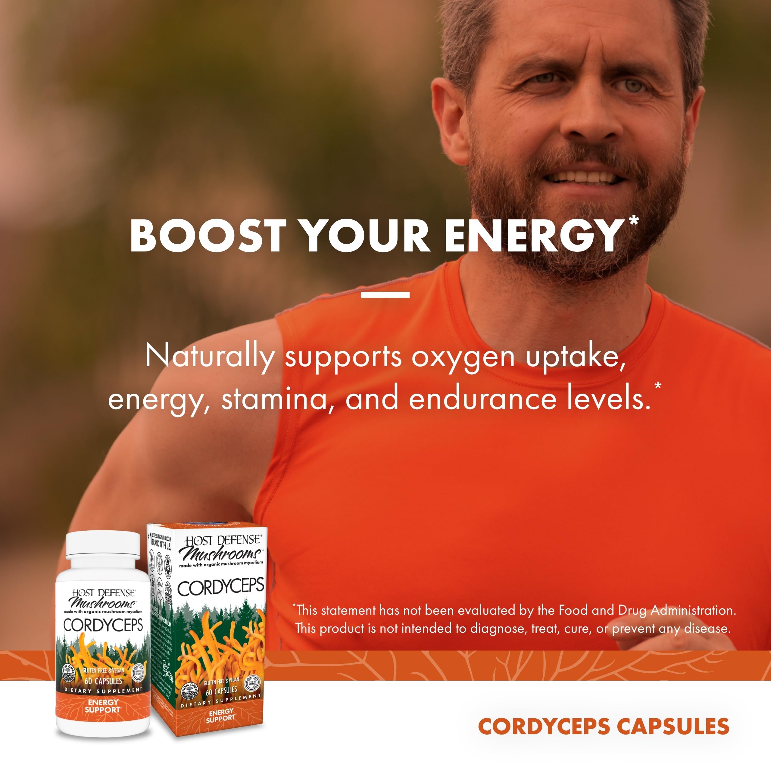 Host Defense packaging box for Cordyceps capsules on shelf