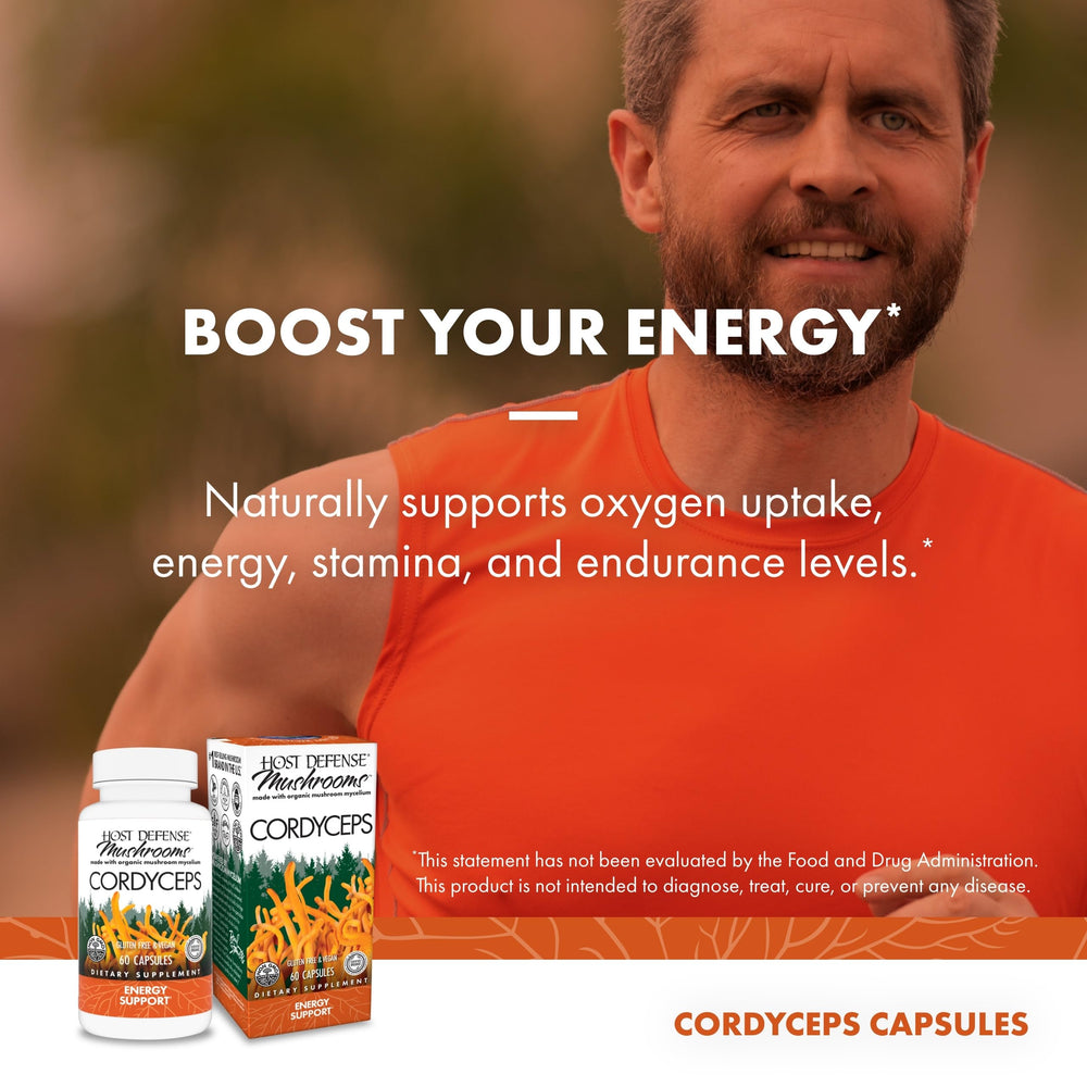 Host Defense packaging box for Cordyceps capsules on shelf