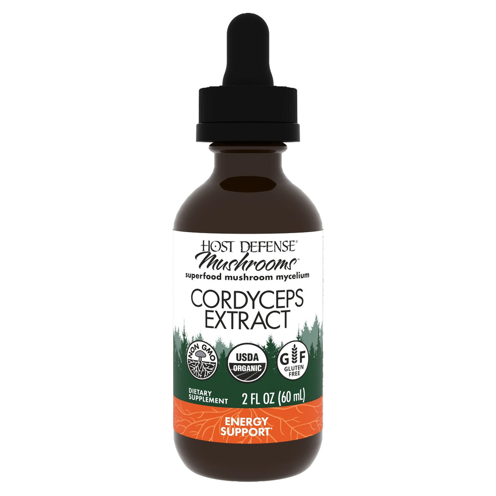 Host Defense Cordyceps Extract bottle, 2 oz, convenient for daily energy support.