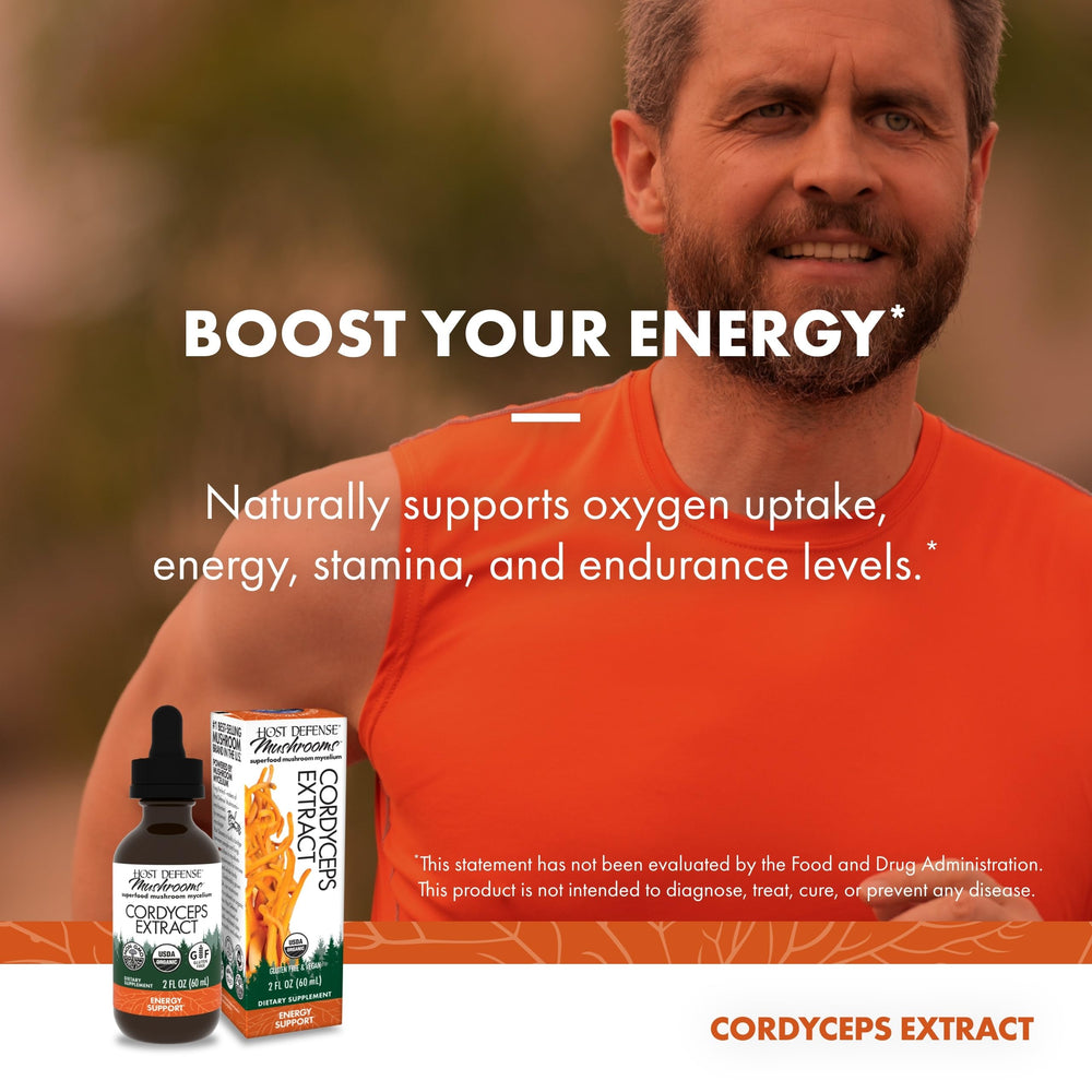 Host Defense Cordyceps Extract organic mushroom mycelium emphasizes natural sourcing and potency.
