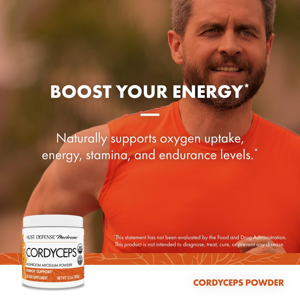Mushroom mycelium of Cordyceps under Host Defense packaging