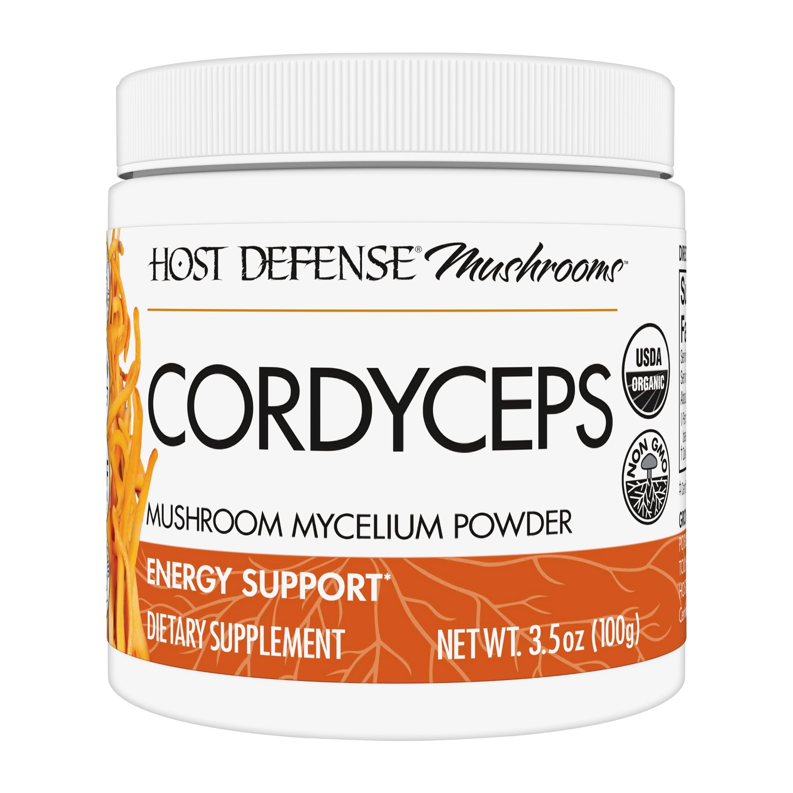 Host Defense Cordyceps Powder tin label showing the mushroom supplement for potential immune support
