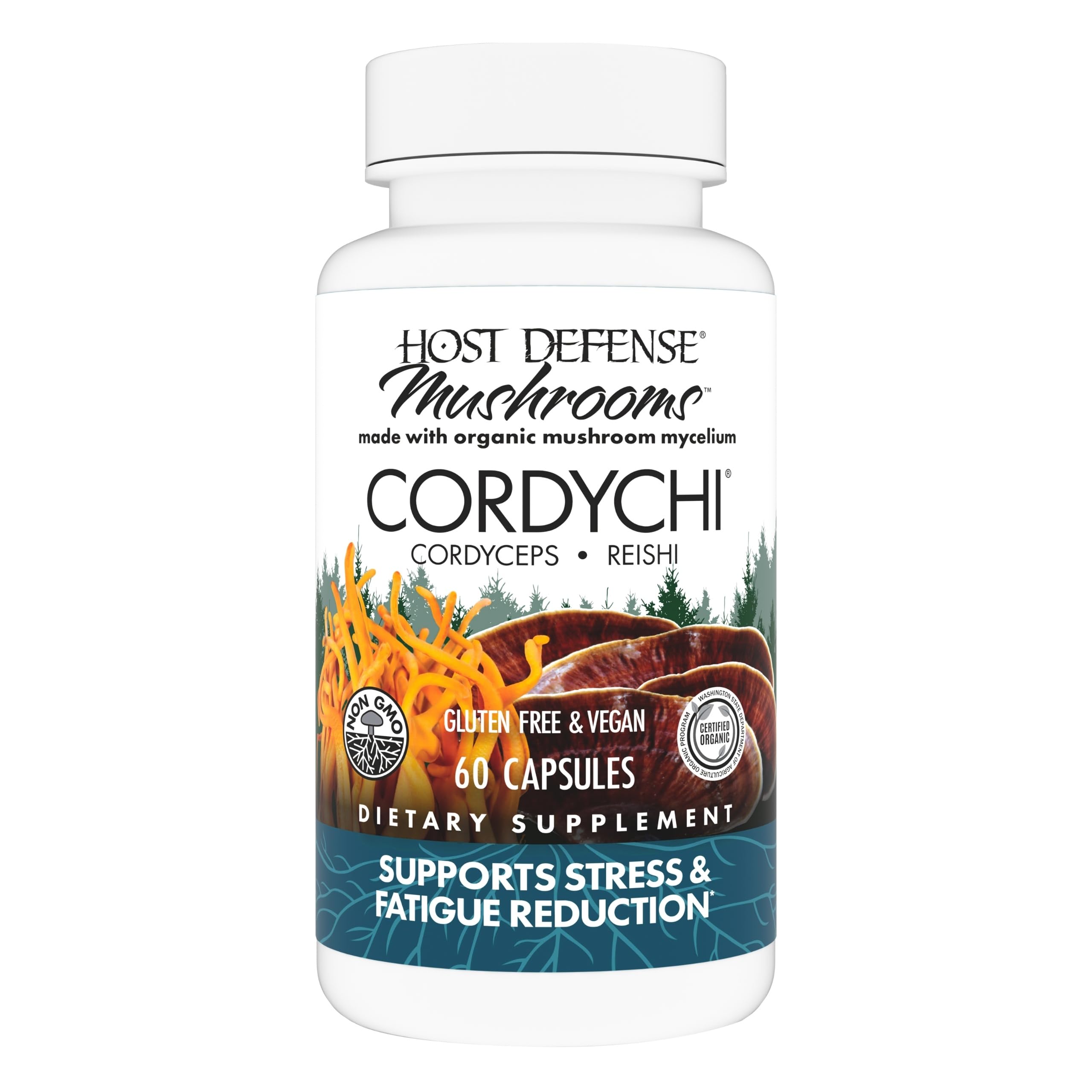 Host Defense CordyChi capsules bottle front showing energy and immunity focus.