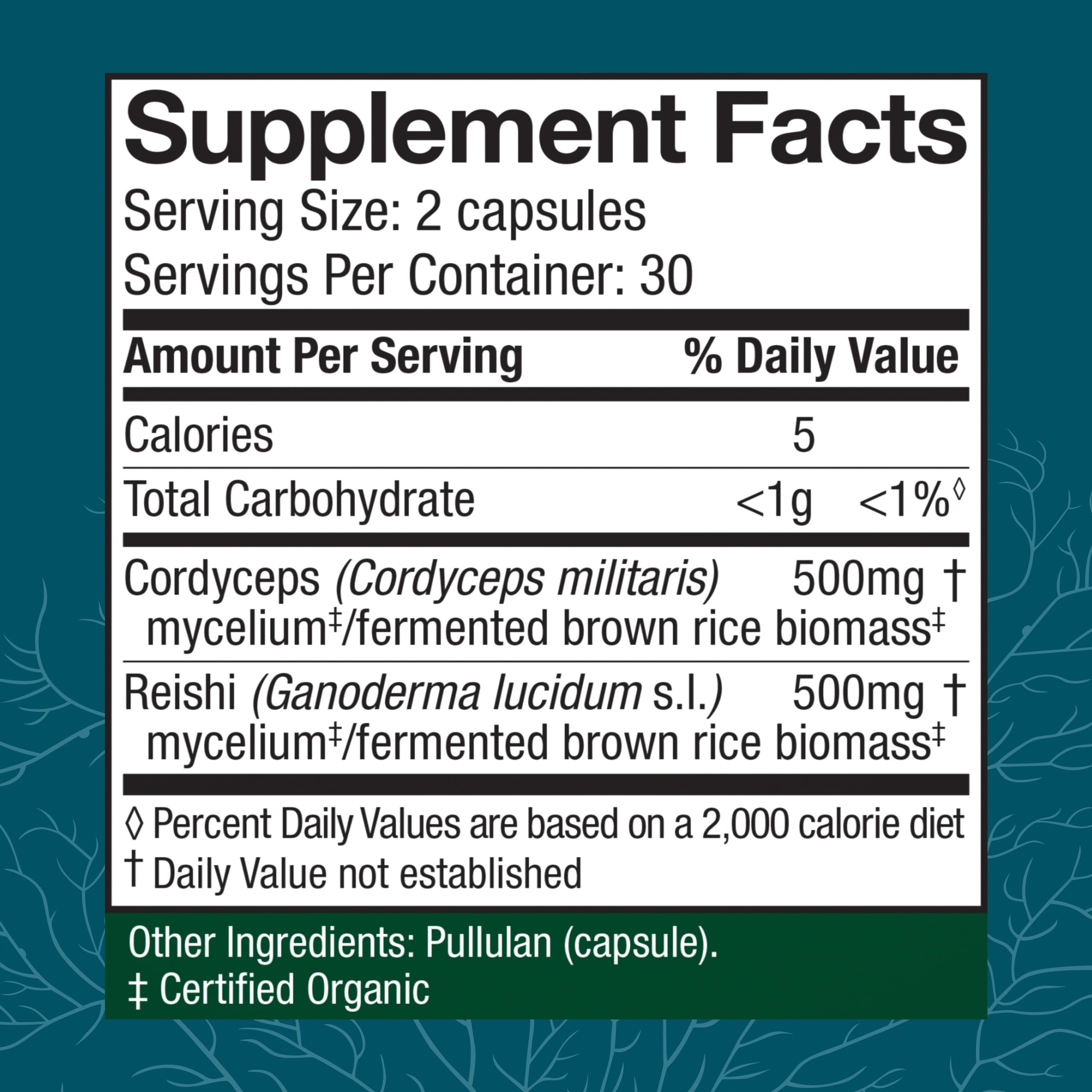 Host Defense CordyChi capsules label closeup highlighting organic mushrooms.