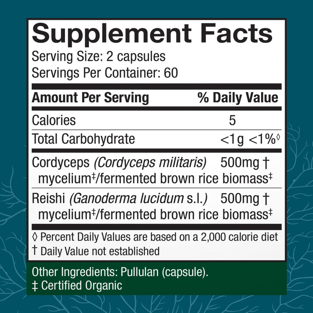 Host Defense CordyChi bottle label visible with emphasis on immune support and relaxation potential.