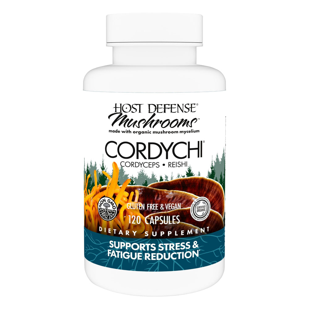 Host Defense CordyChi capsules packshot highlighting cordyceps and reishi for balanced energy.
