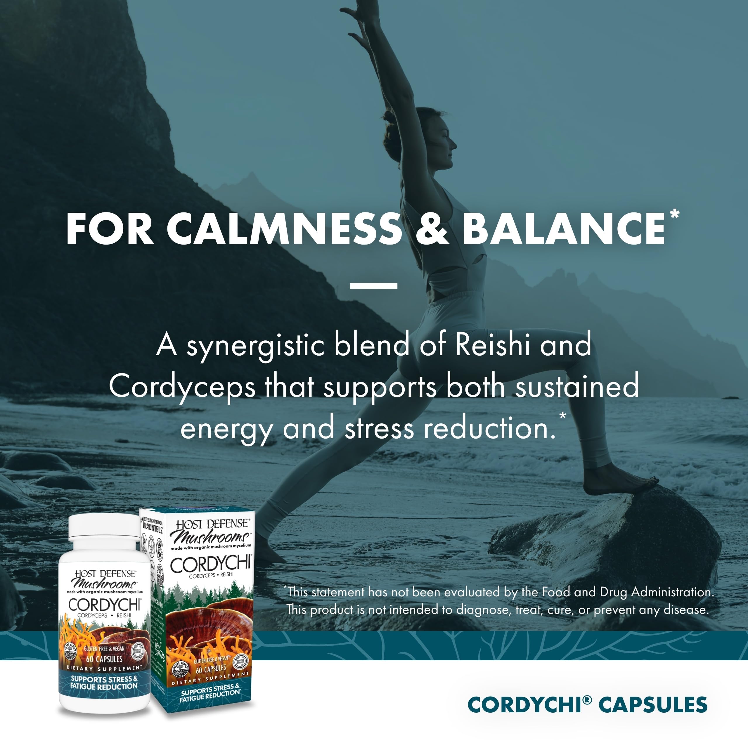 Host Defense CordyChi capsules with spoon for convenient daily intake.