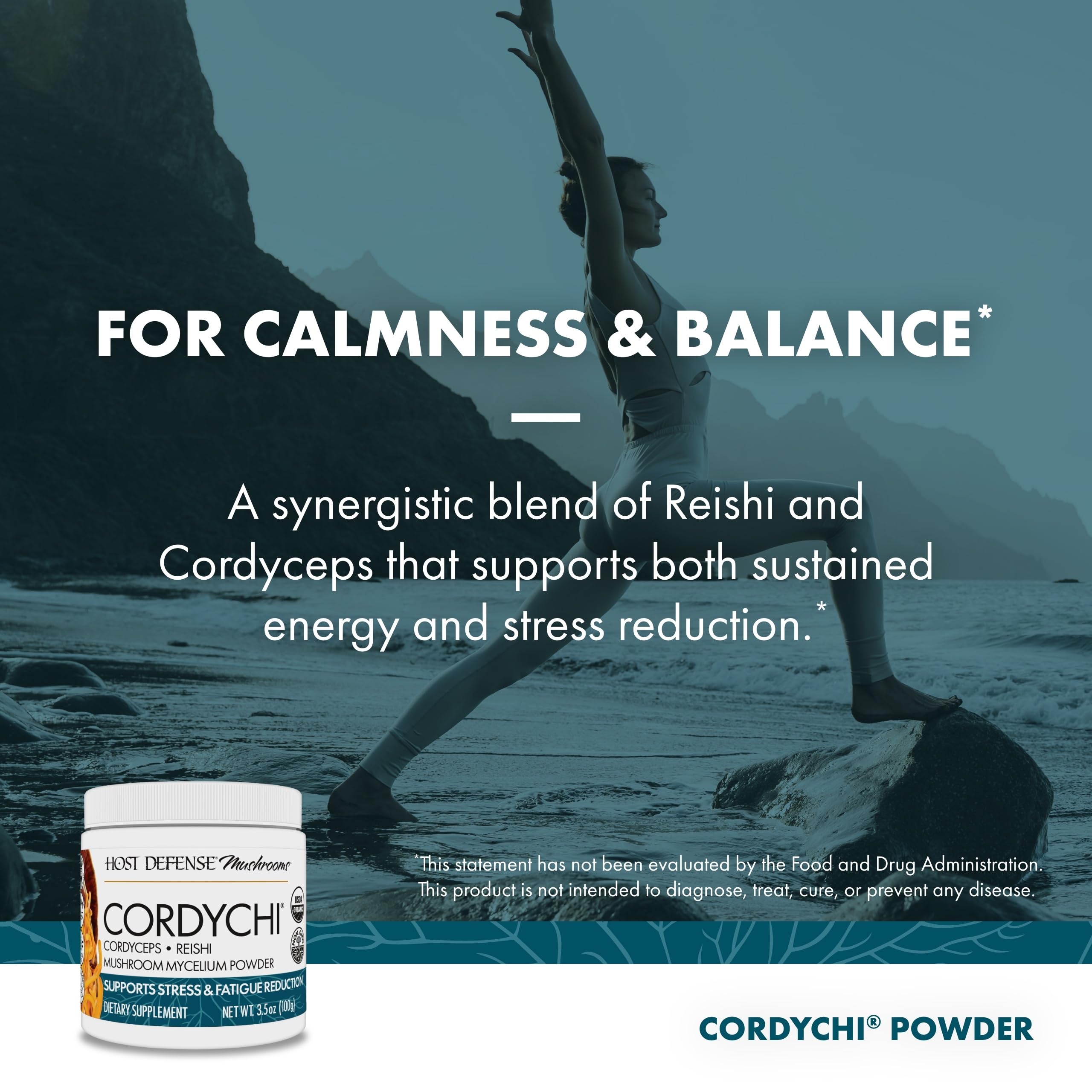 Host Defense CordyChi label packaging emphasizes organic, non-GMO, USA-grown origins