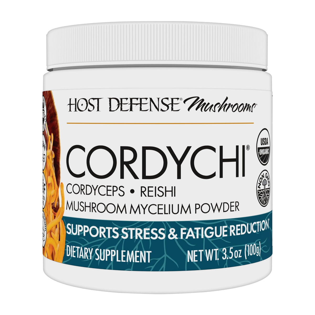 Host Defense CordyChi powder bottle showing easy daily energy and immune support