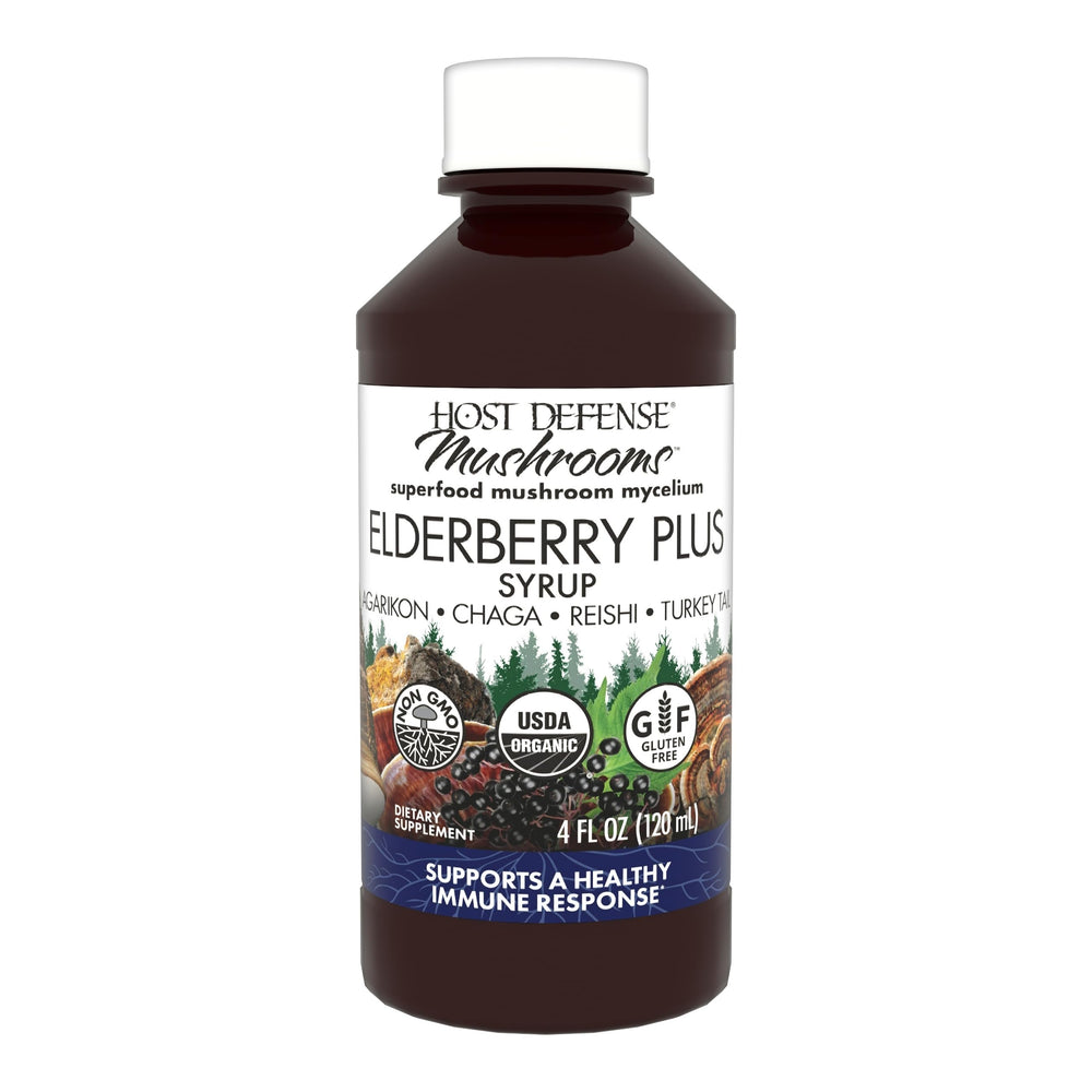 Host Defense Elderberry Plus Syrup bottle—compact 4 oz, ready for daily immune support.