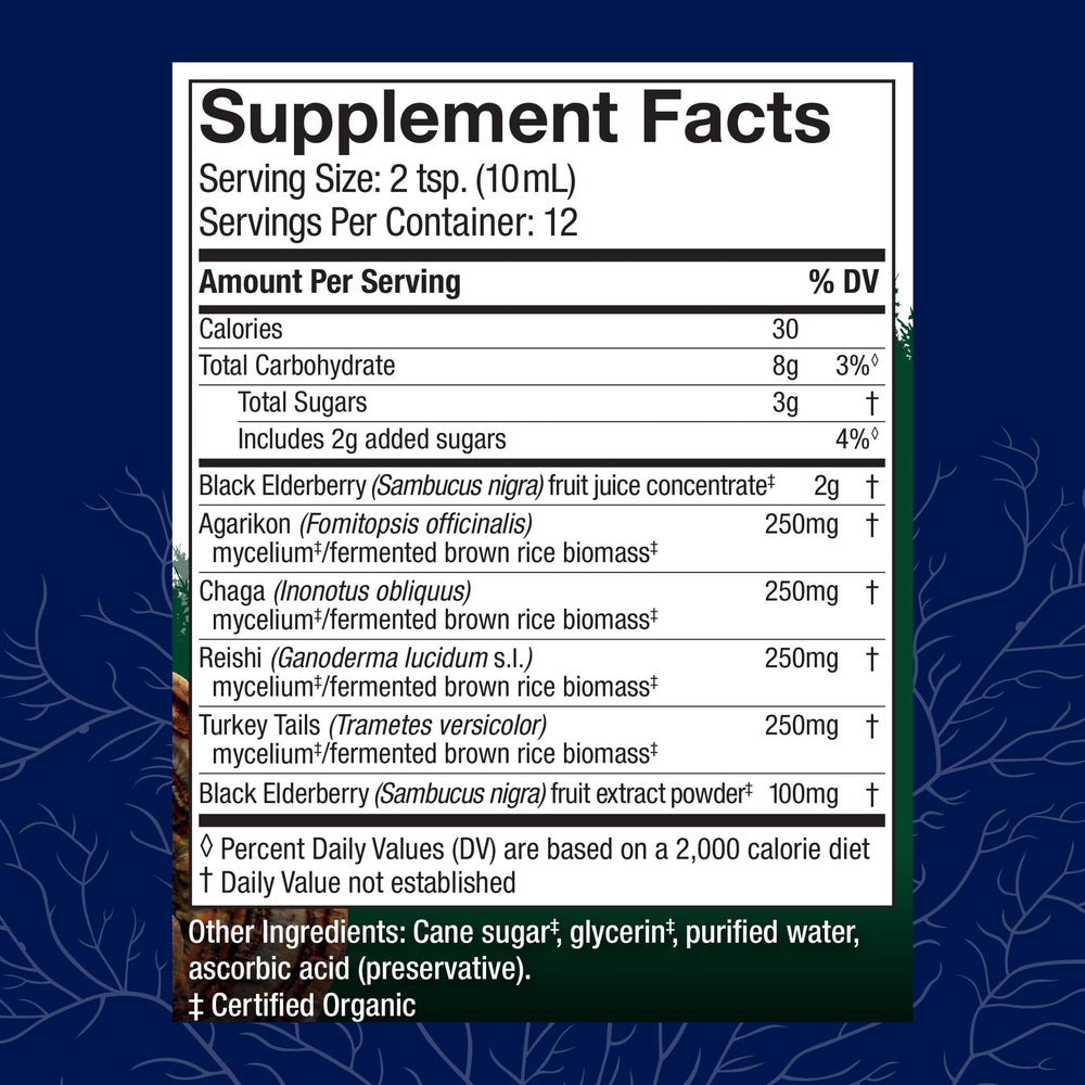 Label closeup of Elderberry Plus Syrup highlighting mushroom blend and natural ingredients.