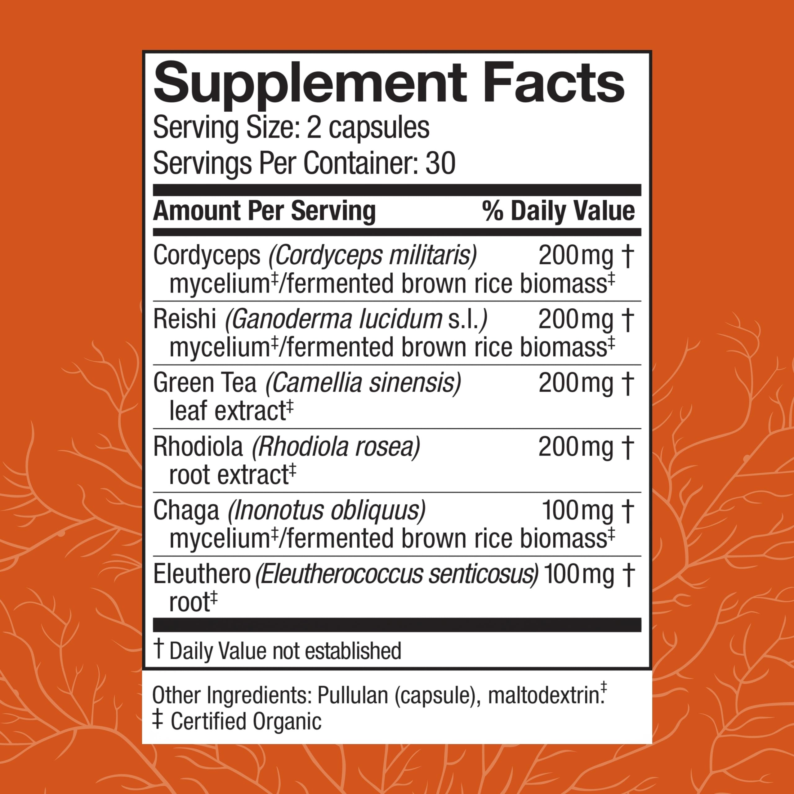 Close-up of Host Defense Energy Capsules label highlighting key ingredients