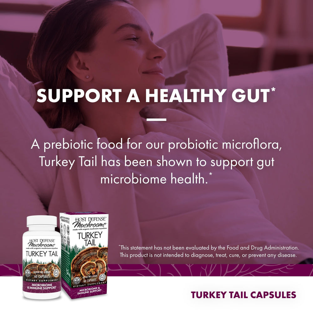 Host Defense gluten-free and non-GMO certification logos on the packaging.