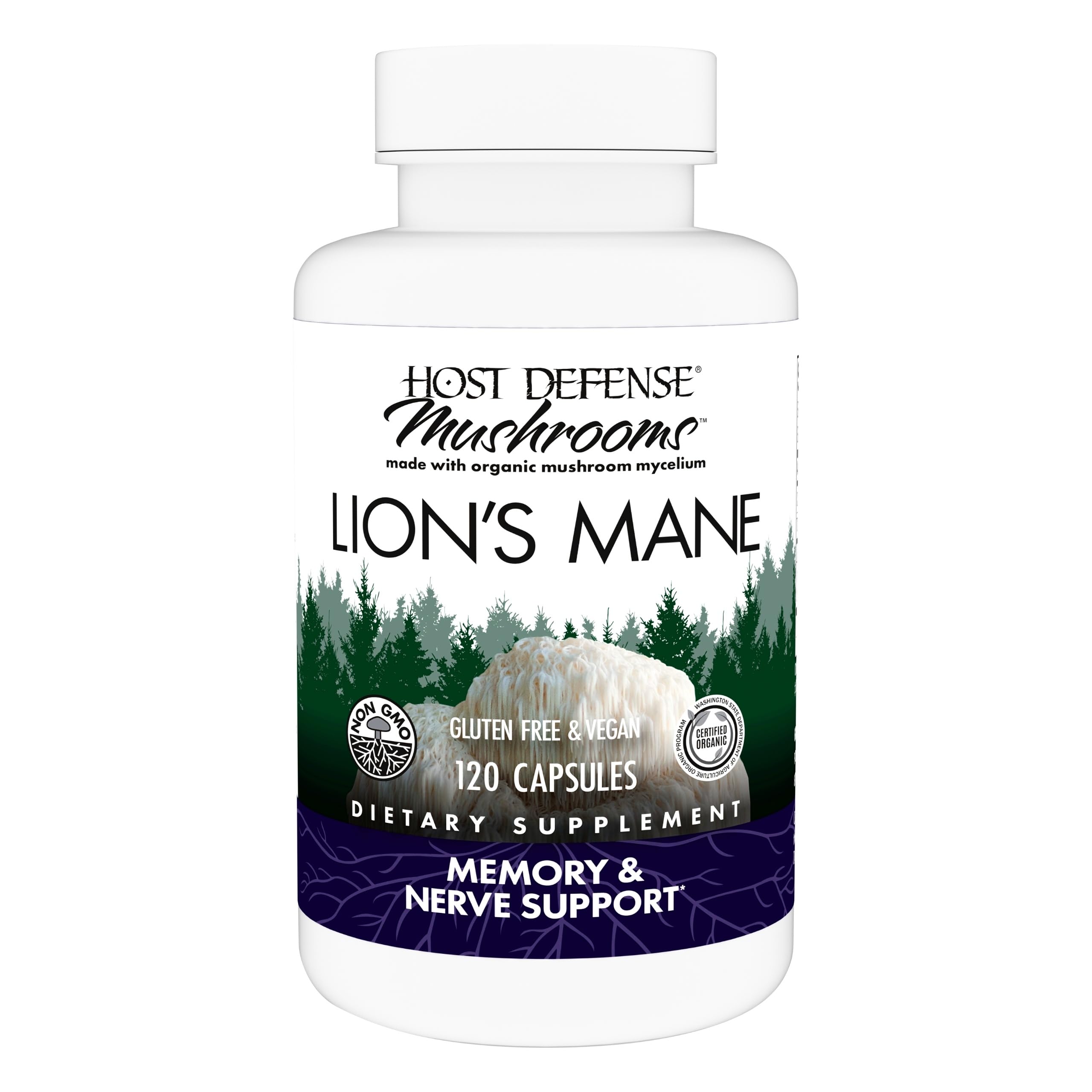 Host Defense Lions Mane bottle label highlights brain health support.