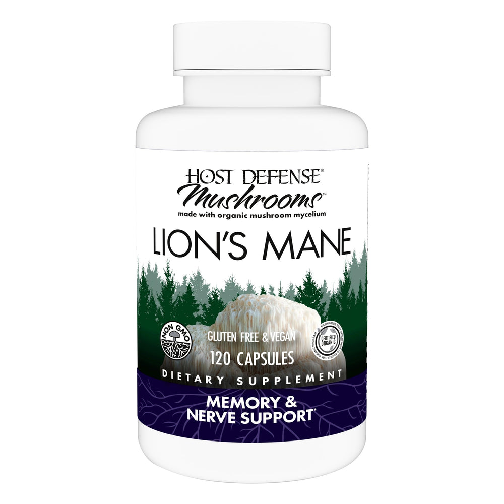Host Defense Lions Mane bottle label highlights brain health support.
