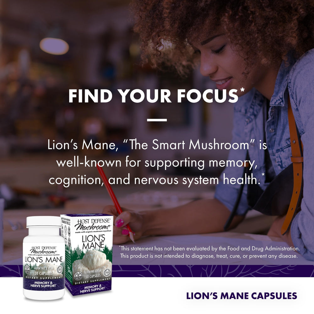 Host Defense Lion's Mane bottle on shelf in a retail setting.