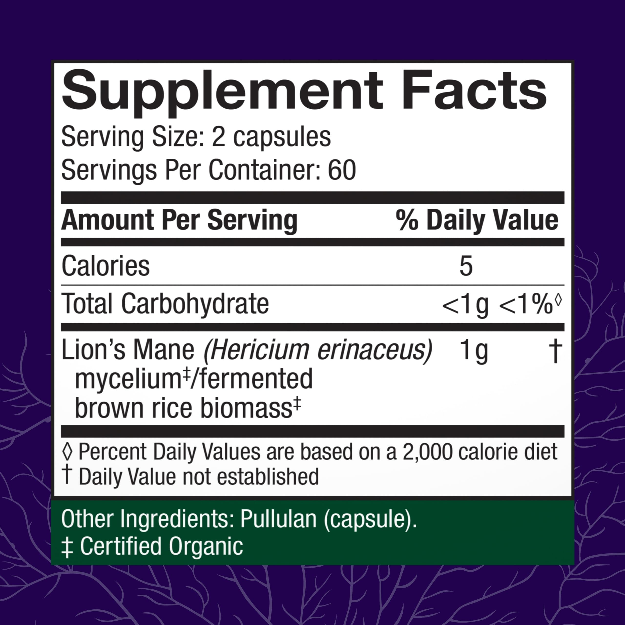 Host Defense Lions Mane capsules closeup shows convenient daily capsules.