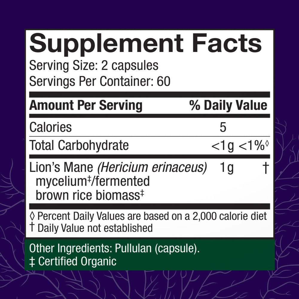 Host Defense Lions Mane capsules closeup shows convenient daily capsules.