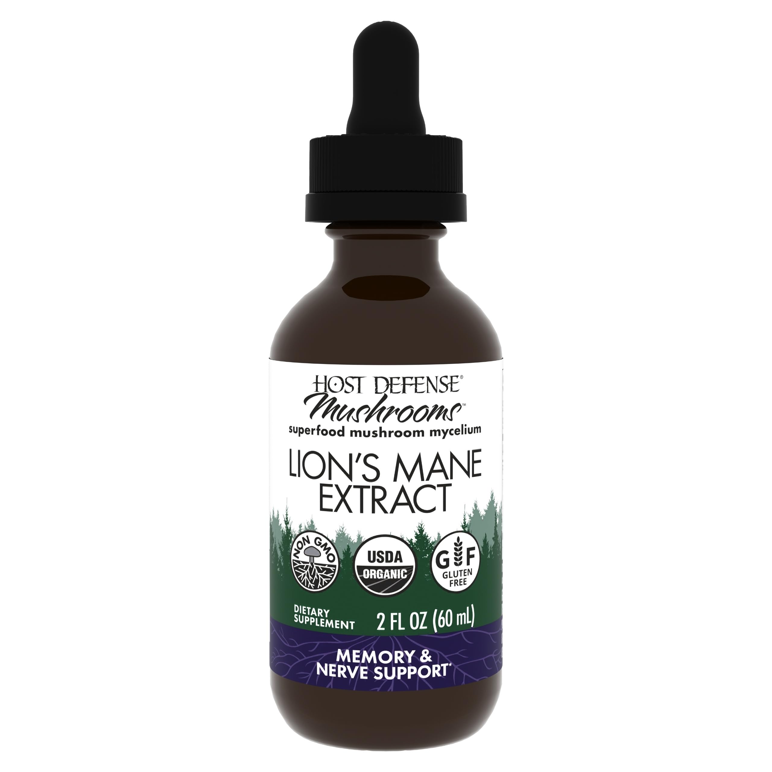 Host Defense Lion's Mane extract bottle with clear label for focus support and daily use