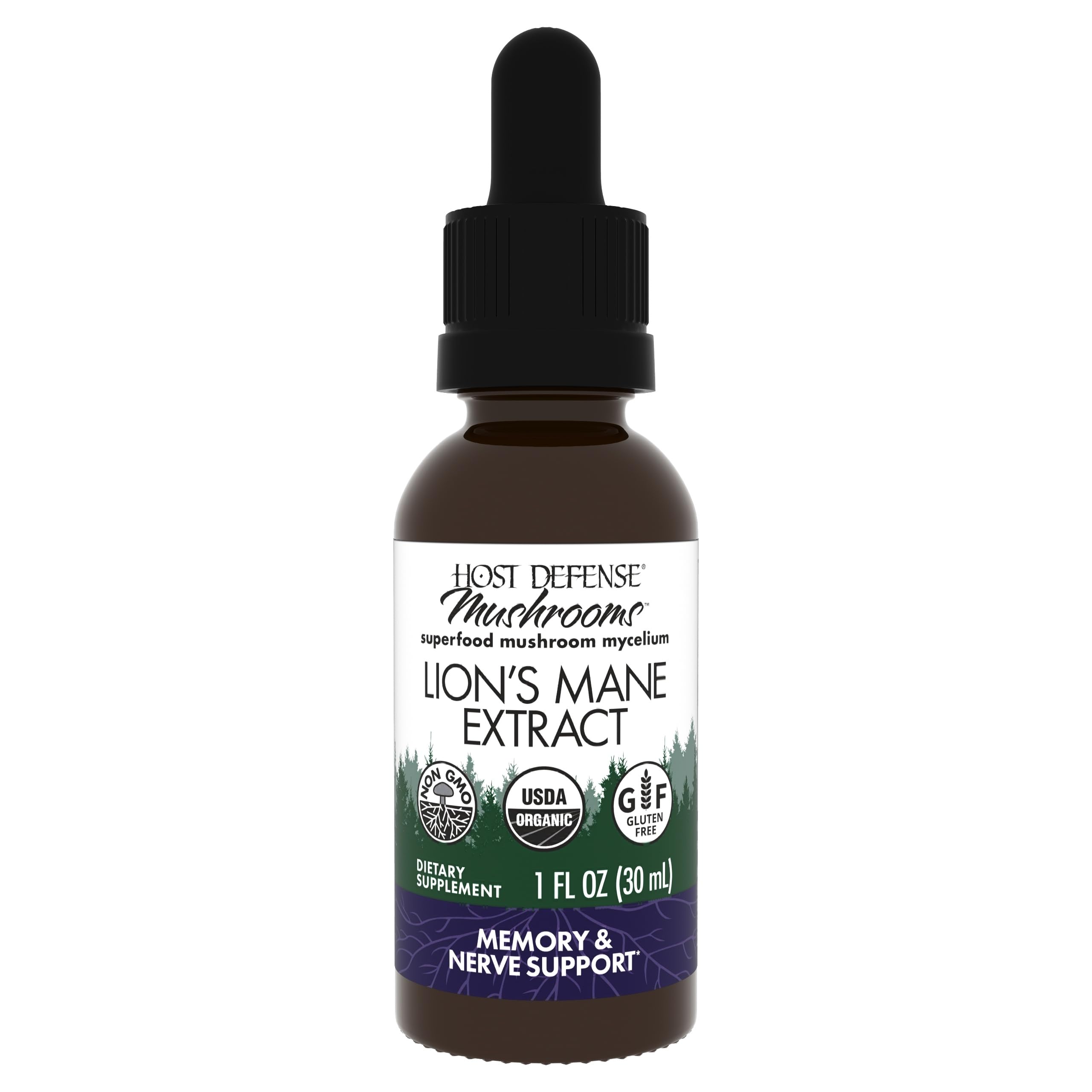 Host Defense Lions Mane extract bottle signals focus support and daily use.