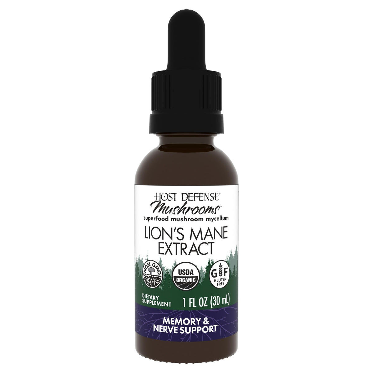 Host Defense Lions Mane extract bottle signals focus support and daily use.