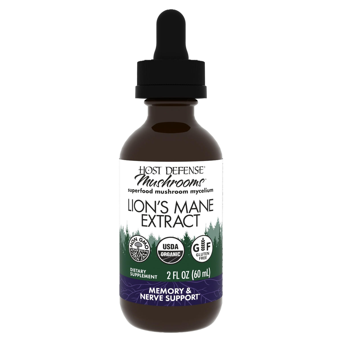 Host Defense Lion's Mane extract bottle with clear label for focus support and daily use