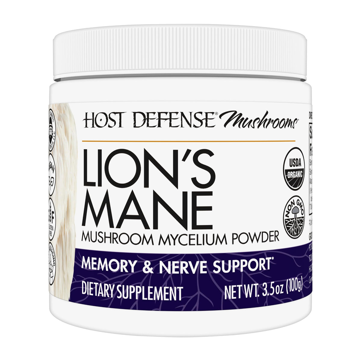 Host Defense Lion's Mane Powder bottle front, easy daily use and branding for brain health support