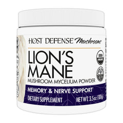 Host Defense Lion's Mane Powder bottle front, easy daily use and branding for brain health support