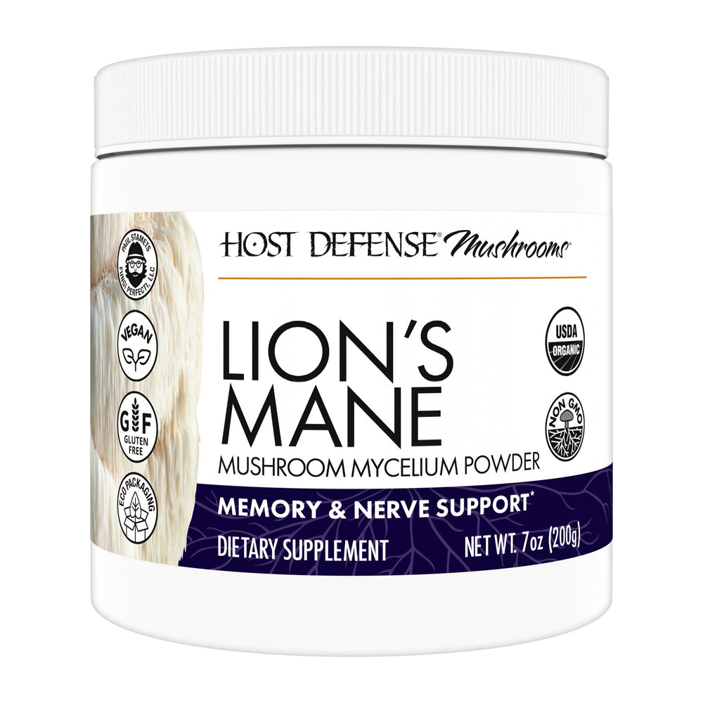 Host Defense Lion's Mane powder bottle illustrating daily brain support potential.