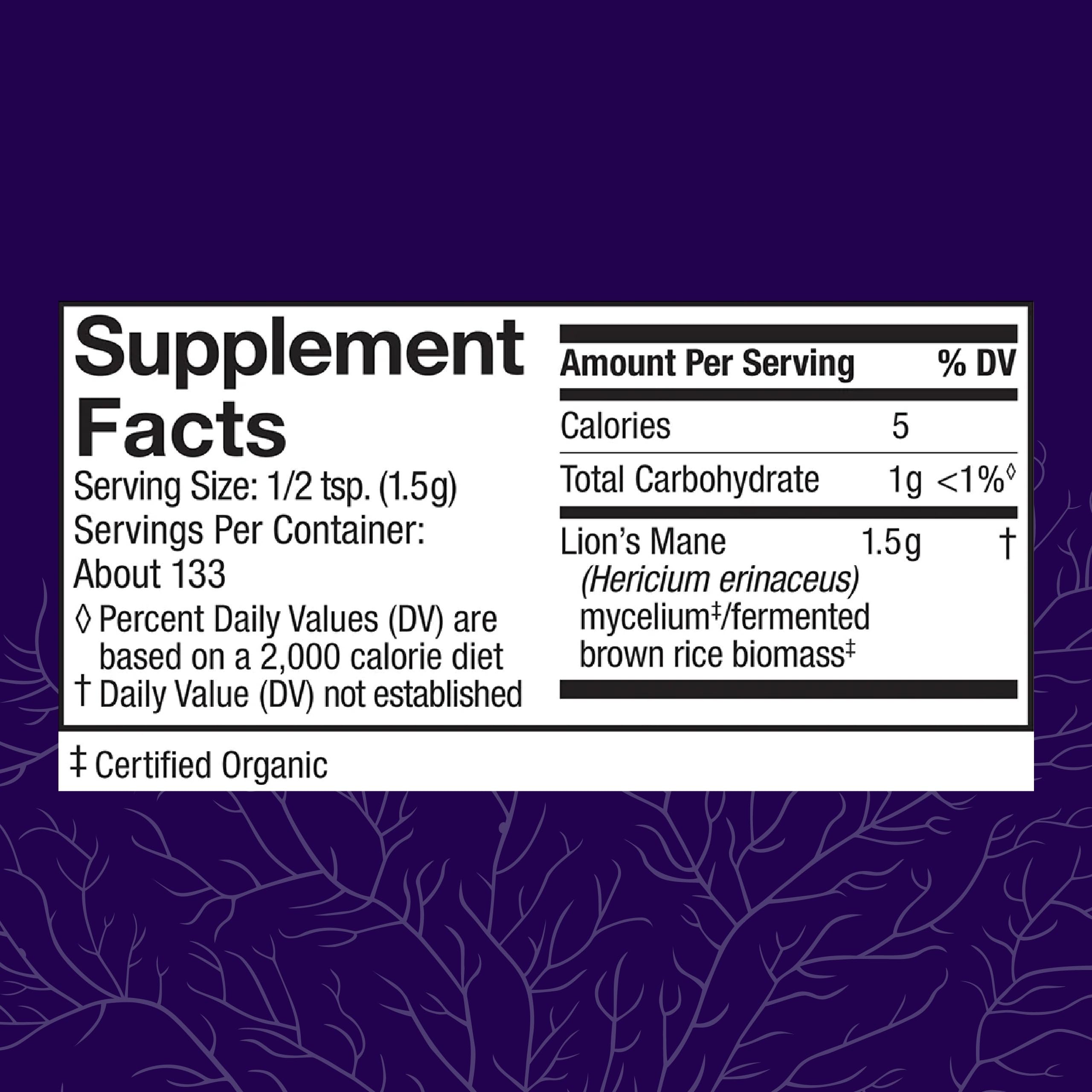 Close-up of Host Defense Lion's Mane label emphasizing organic mushroom ingredients.