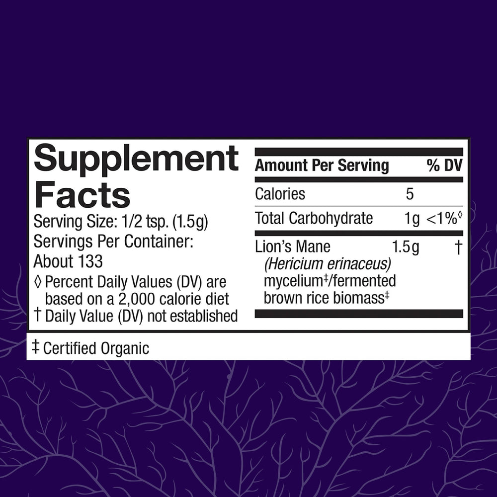 Close-up of Host Defense Lion's Mane label emphasizing organic mushroom ingredients.