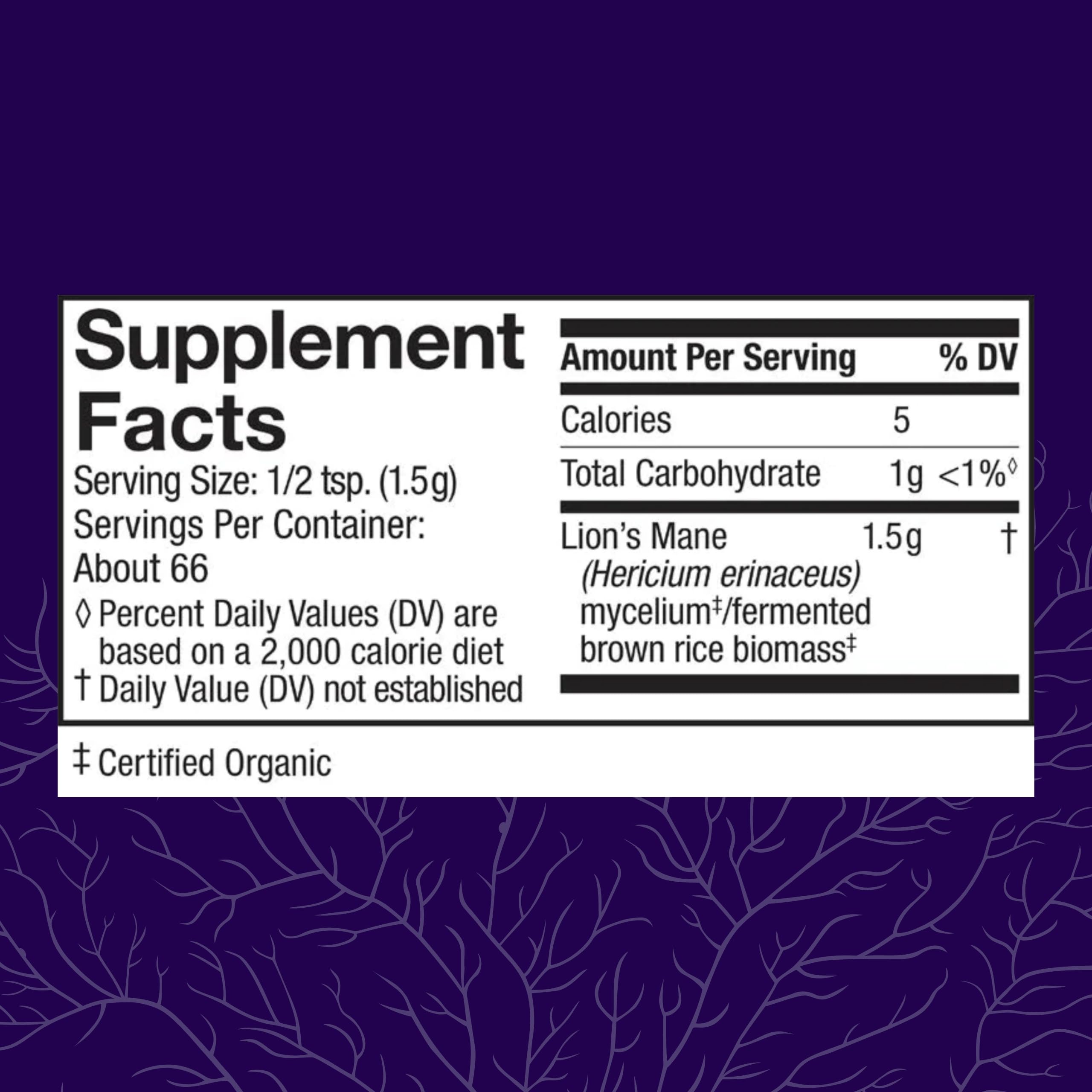 Host Defense Lion's Mane Powder label closeup highlighting organic USA-made formula for brain health