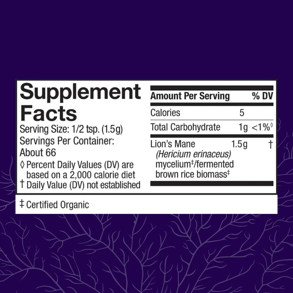 Host Defense Lion's Mane Powder label closeup highlighting organic USA-made formula for brain health