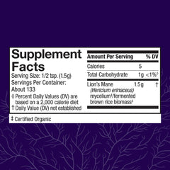 Close-up of Host Defense Lion's Mane label emphasizing organic mushroom ingredients.