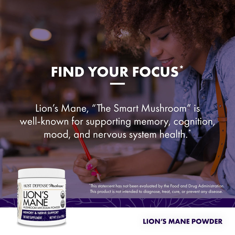 Host Defense Lion's Mane nutrition facts label highlighting gluten-free and non-GMO origin