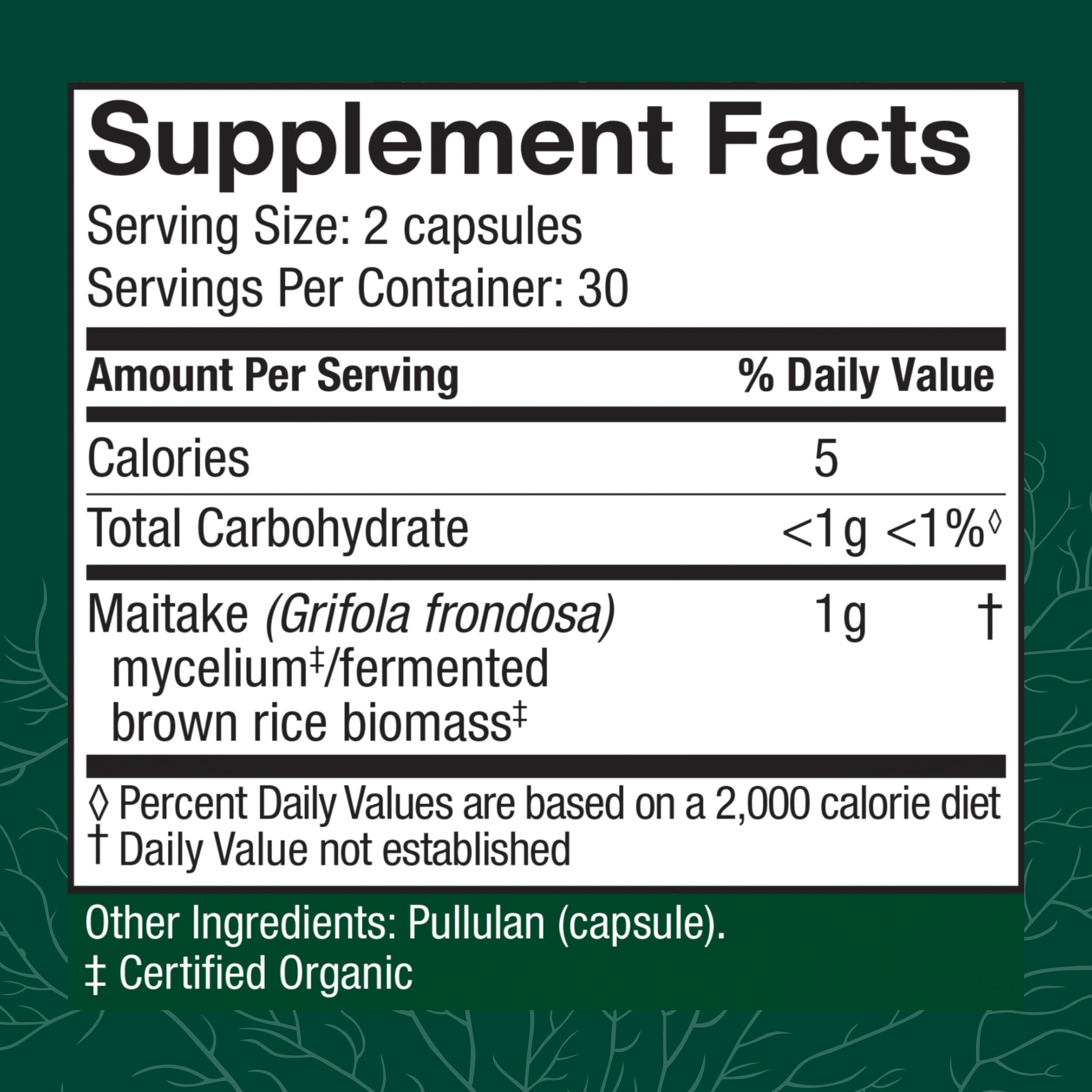 Closeup of Maitake capsules highlighting daily immune support