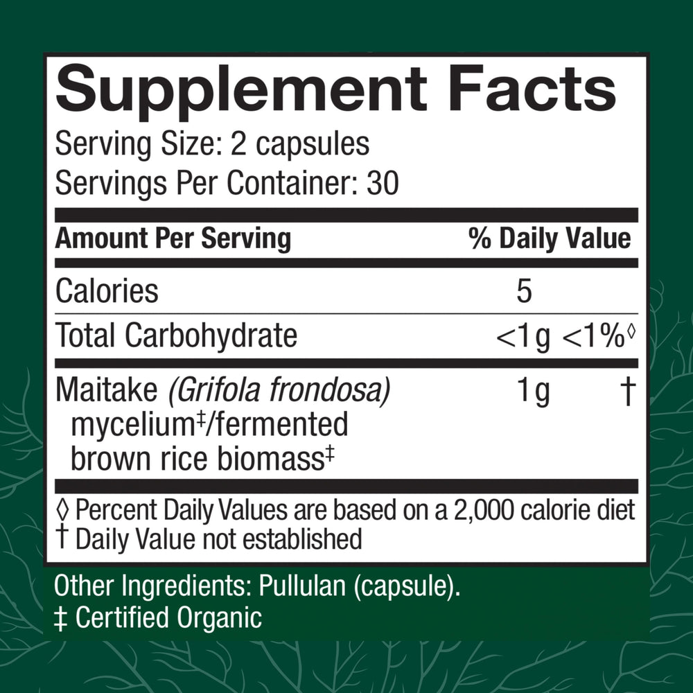 Closeup of Maitake capsules highlighting daily immune support