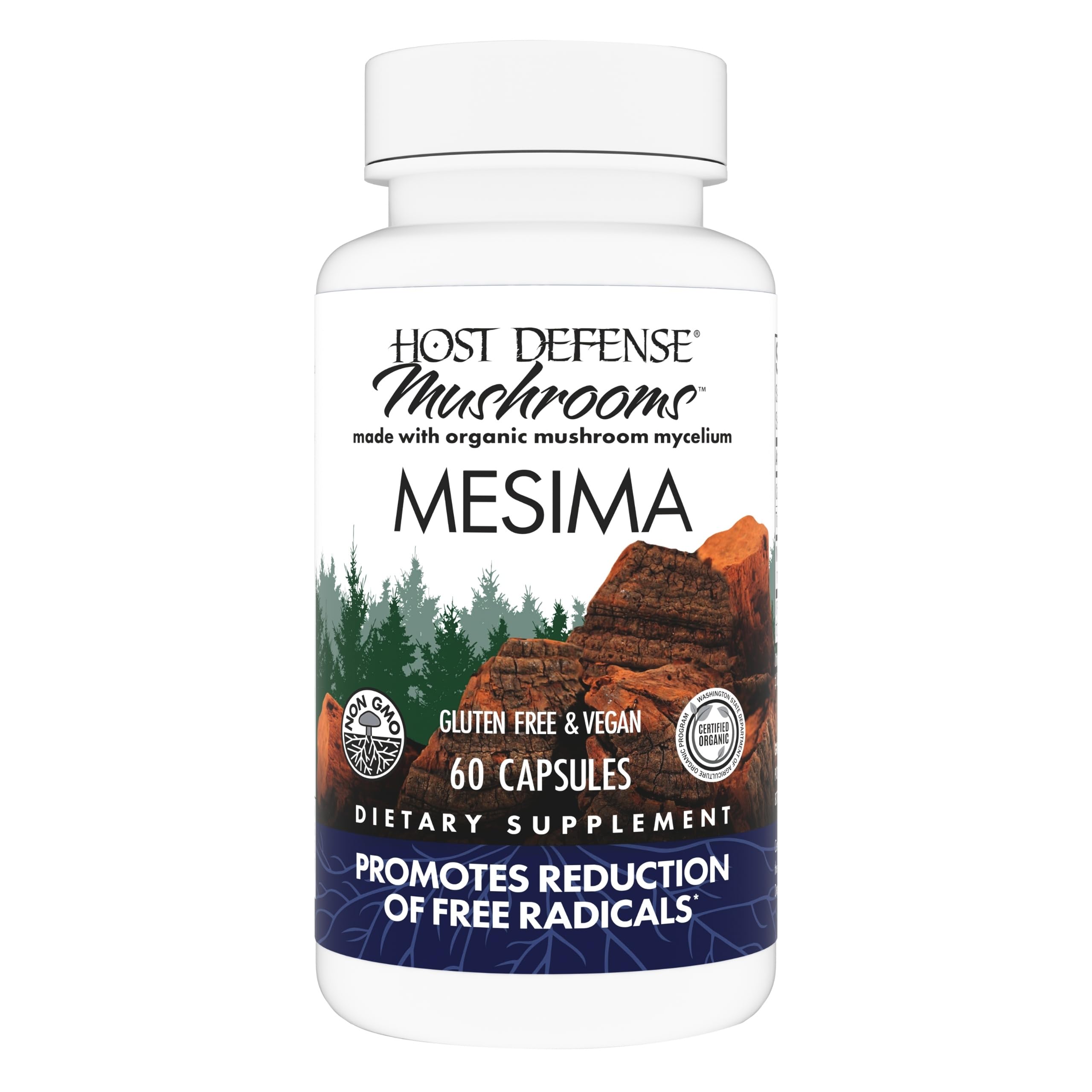 Host Defense Mesima Capsules bottle on shelf showing immune support potential.