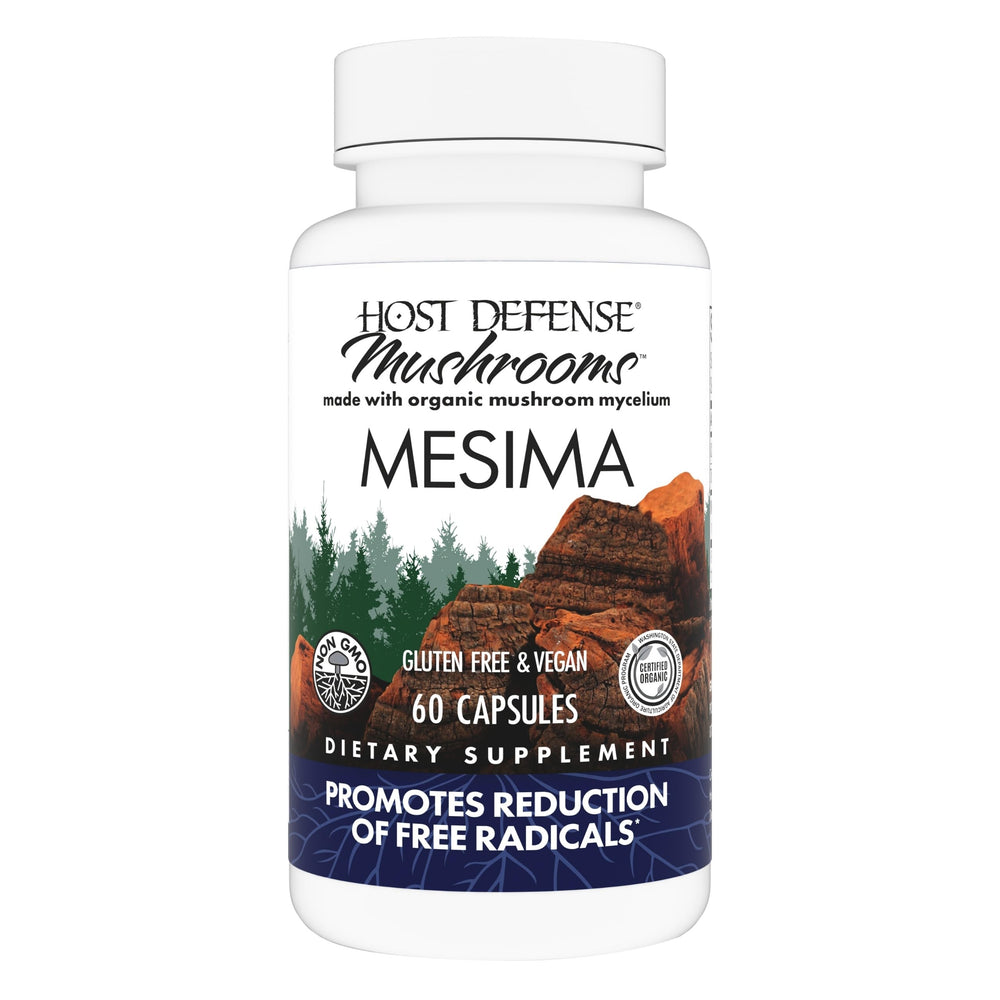 Host Defense Mesima Capsules bottle on shelf showing immune support potential.