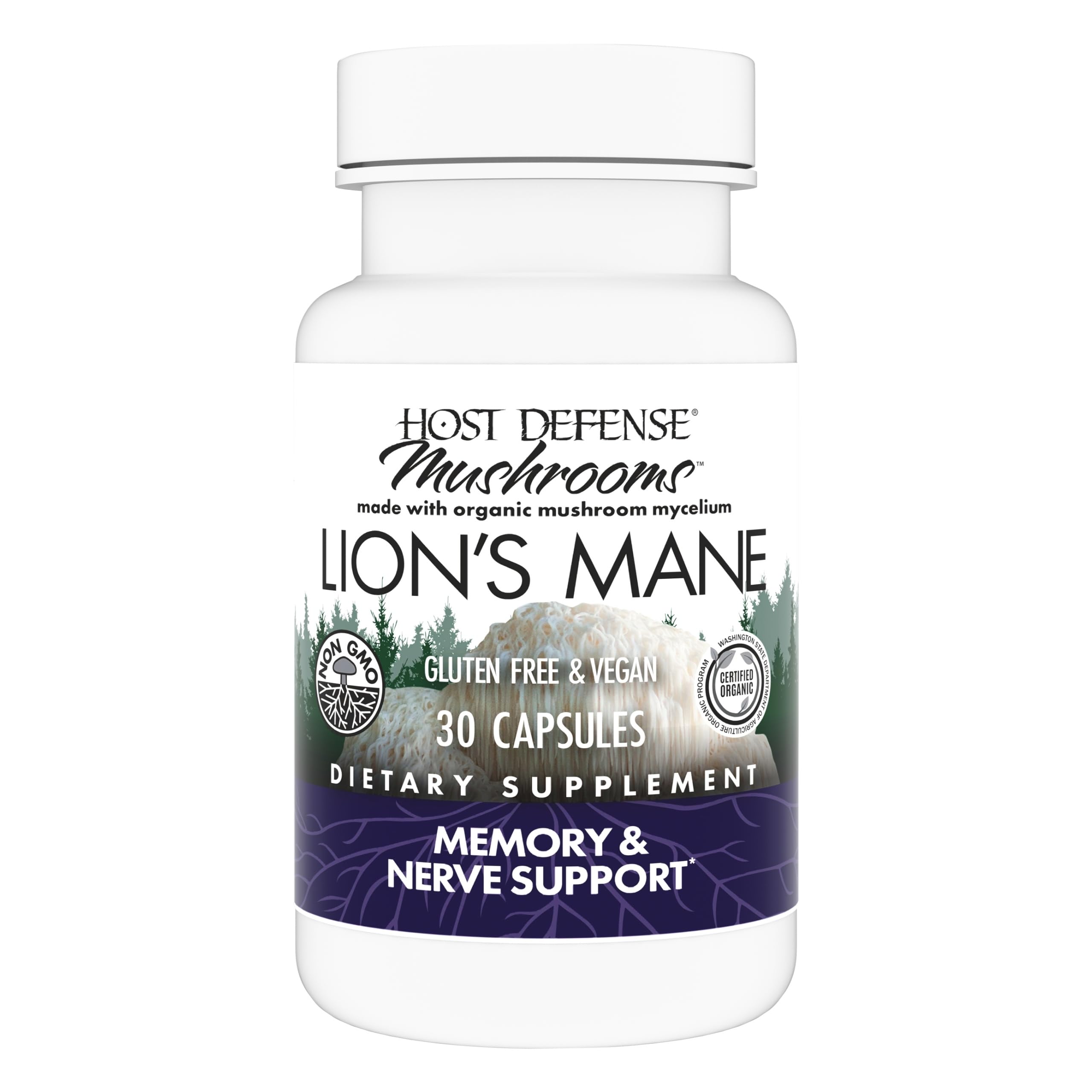 Host Defense Lion's Mane bottle front showing the label for daily brain support.