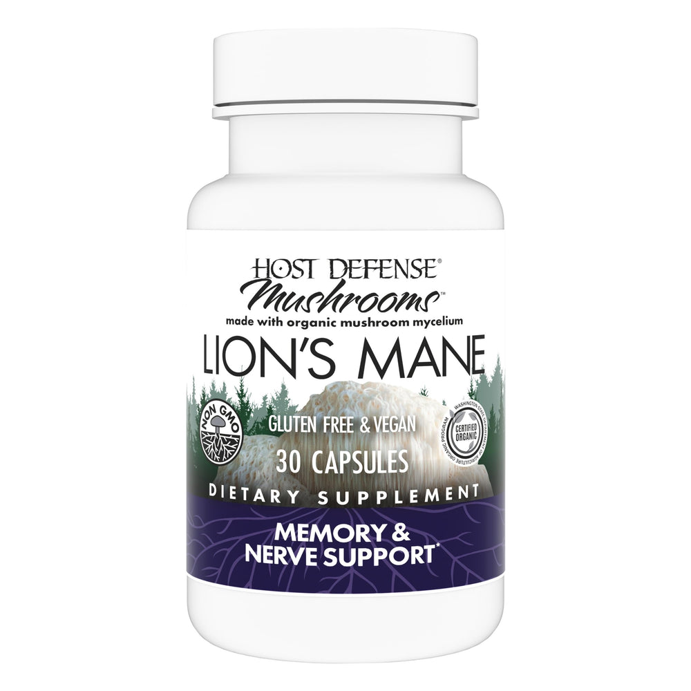 Host Defense Lion's Mane bottle front showing the label for daily brain support.