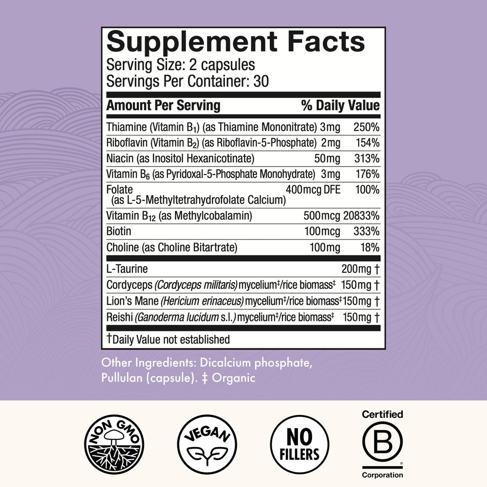 Host Defense MycoBenefits Focus capsules close-up showing easy, daily use.