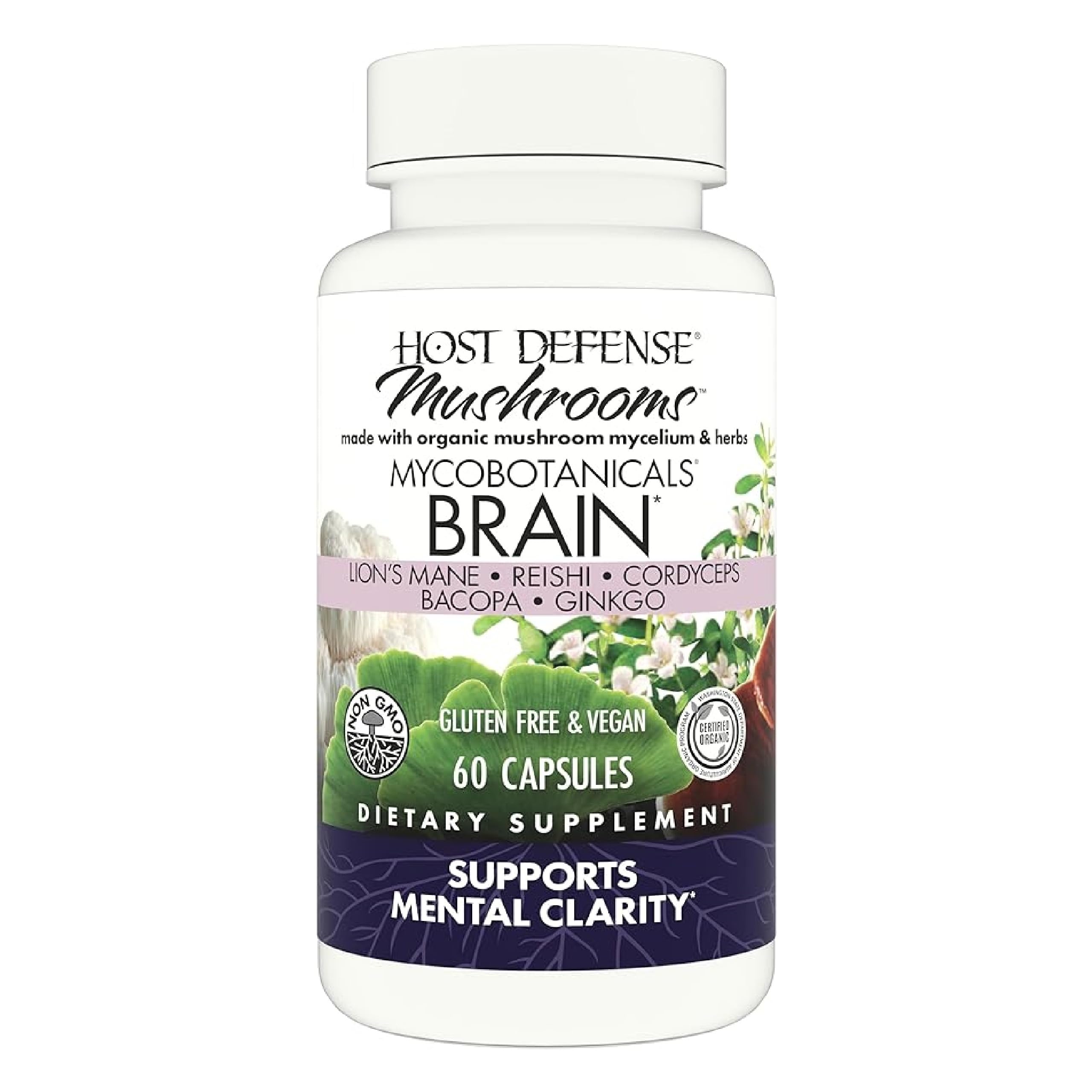 Host Defense MycoBotanicals Brain bottle may support brain health and focus.