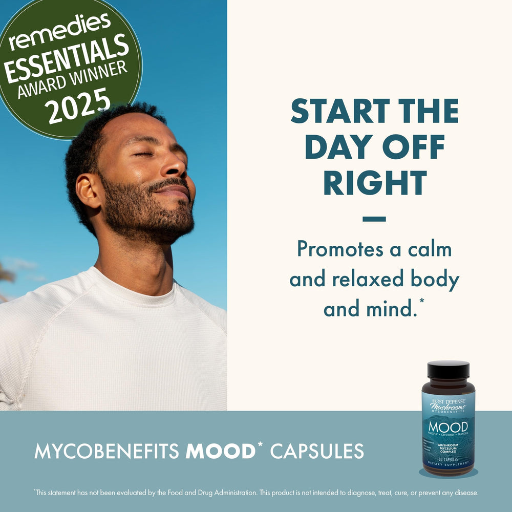 Host Defense MycoBenefits Mood daily-use scene suggests easy integration into routines.