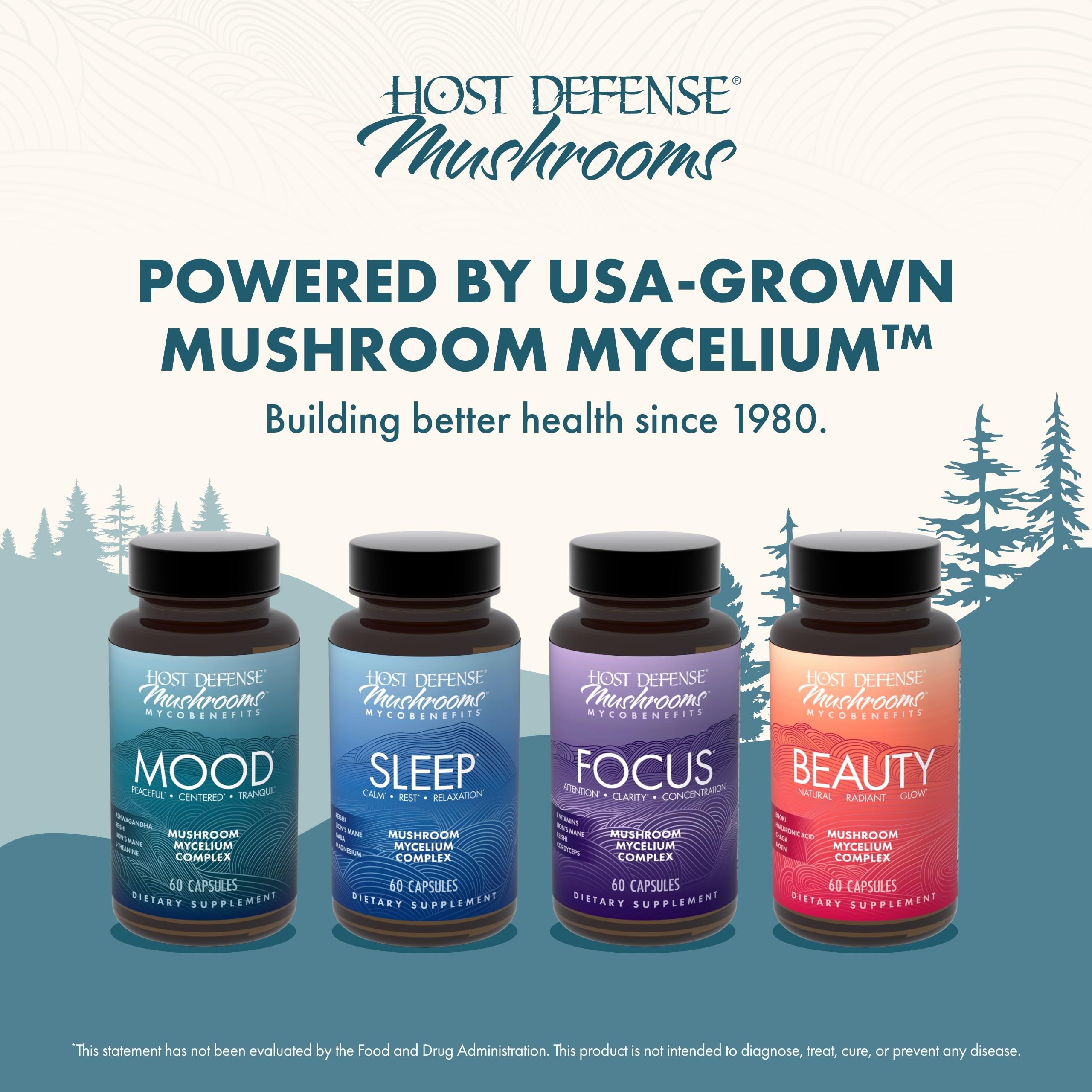 Host Defense MycoBenefits Mood label details emphasize non-GMO and gluten-free formulation.