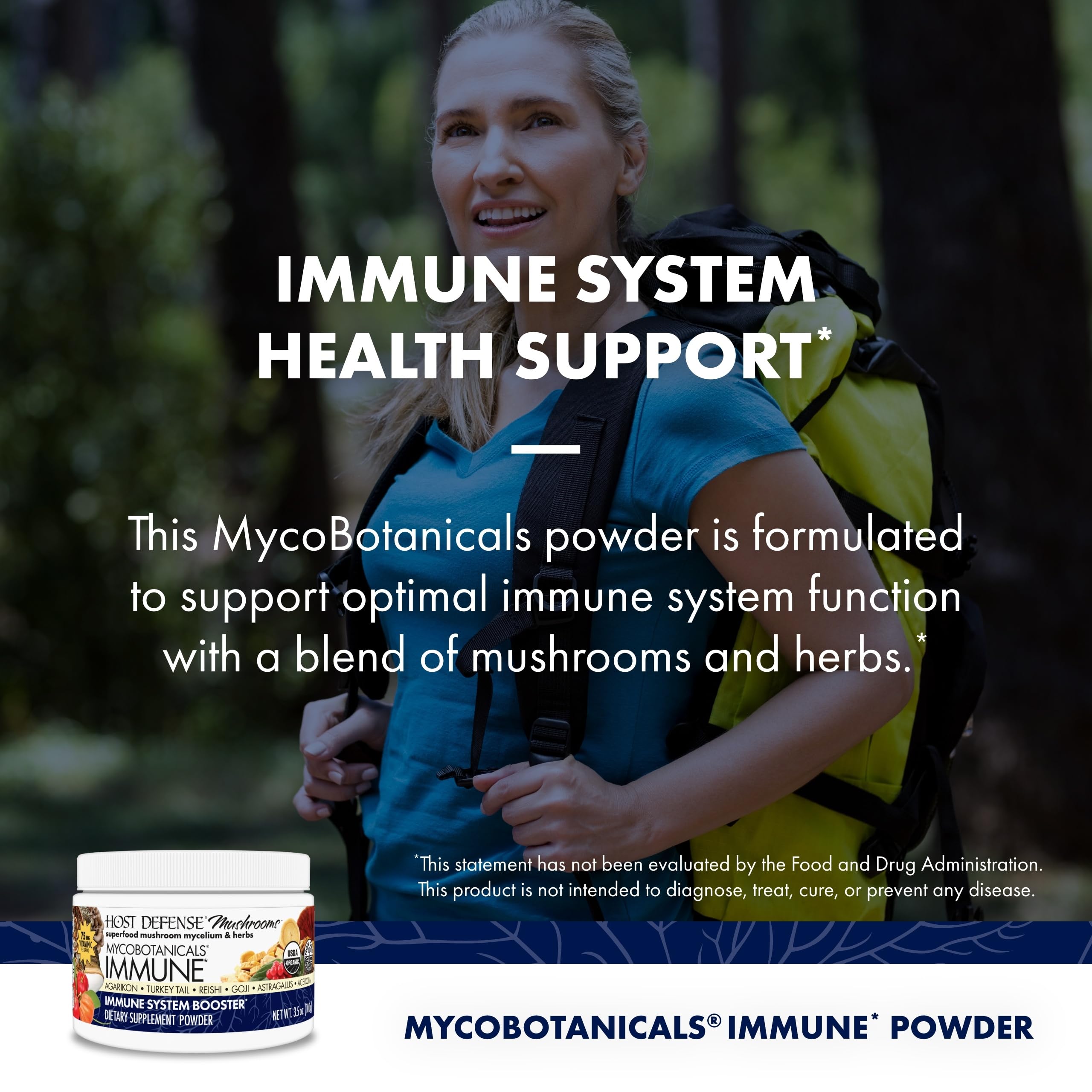 Host Defense MycoBotanicals Immune Powder in a glass of water for quick everyday use.